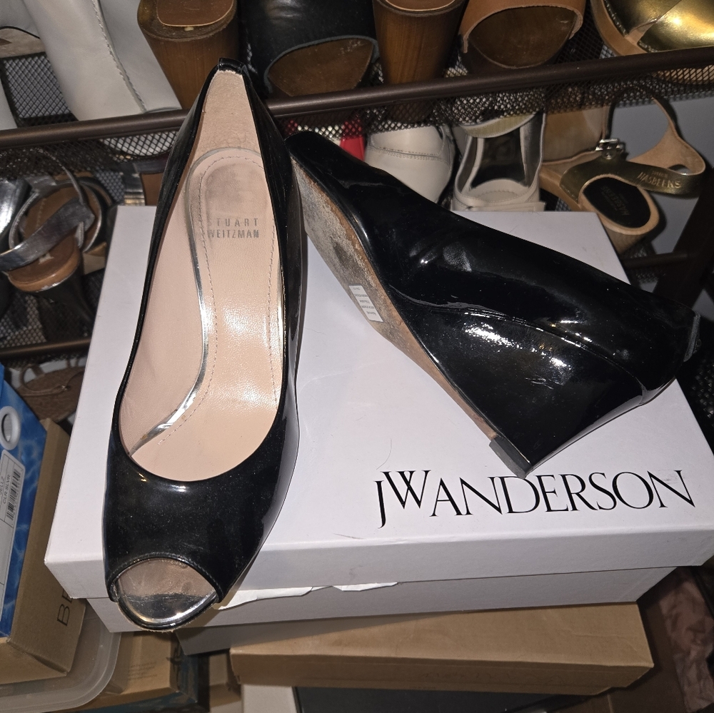 Stuart Weitzman Black Women's Peep Toe Wedge Heels